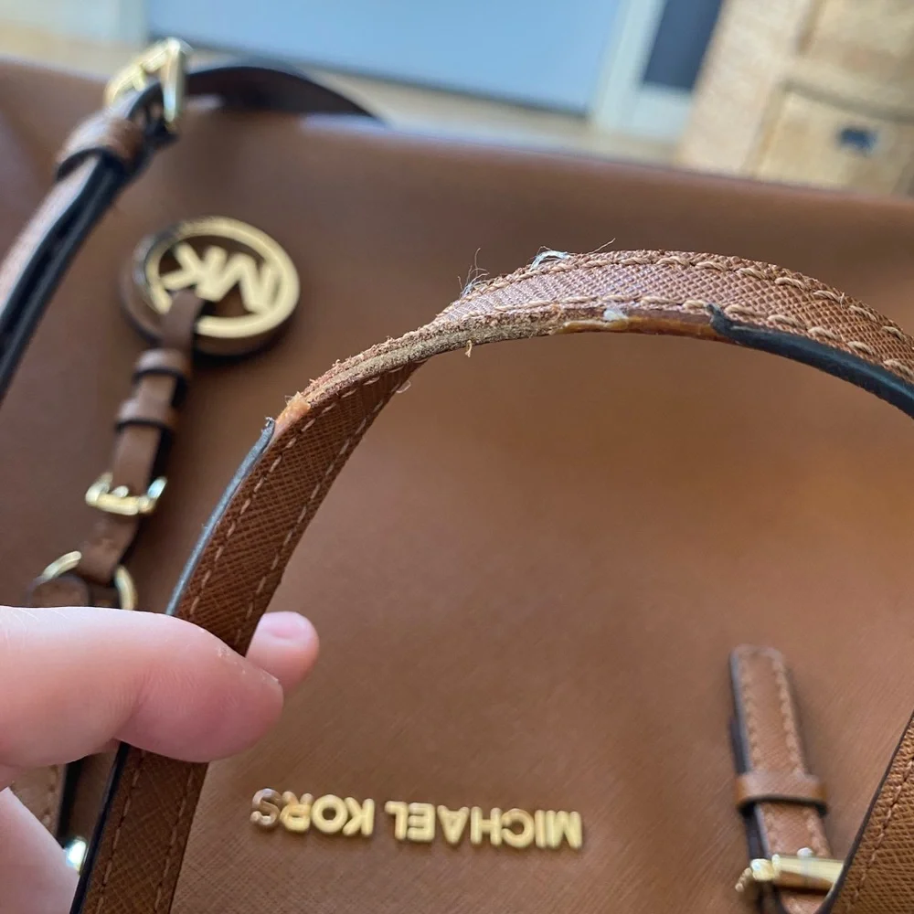 Michael Kors Brown Tan Gold Tote Shoulder Bag Purse with Crossbody Strap - Picture 11 of 16